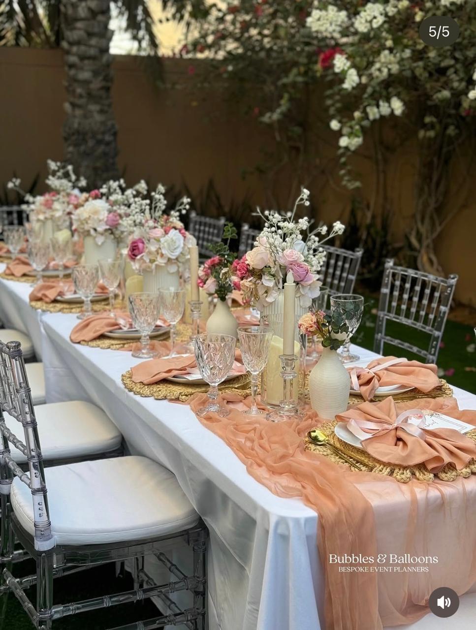 Adult chair package with elegant dining table styling and clear chairs